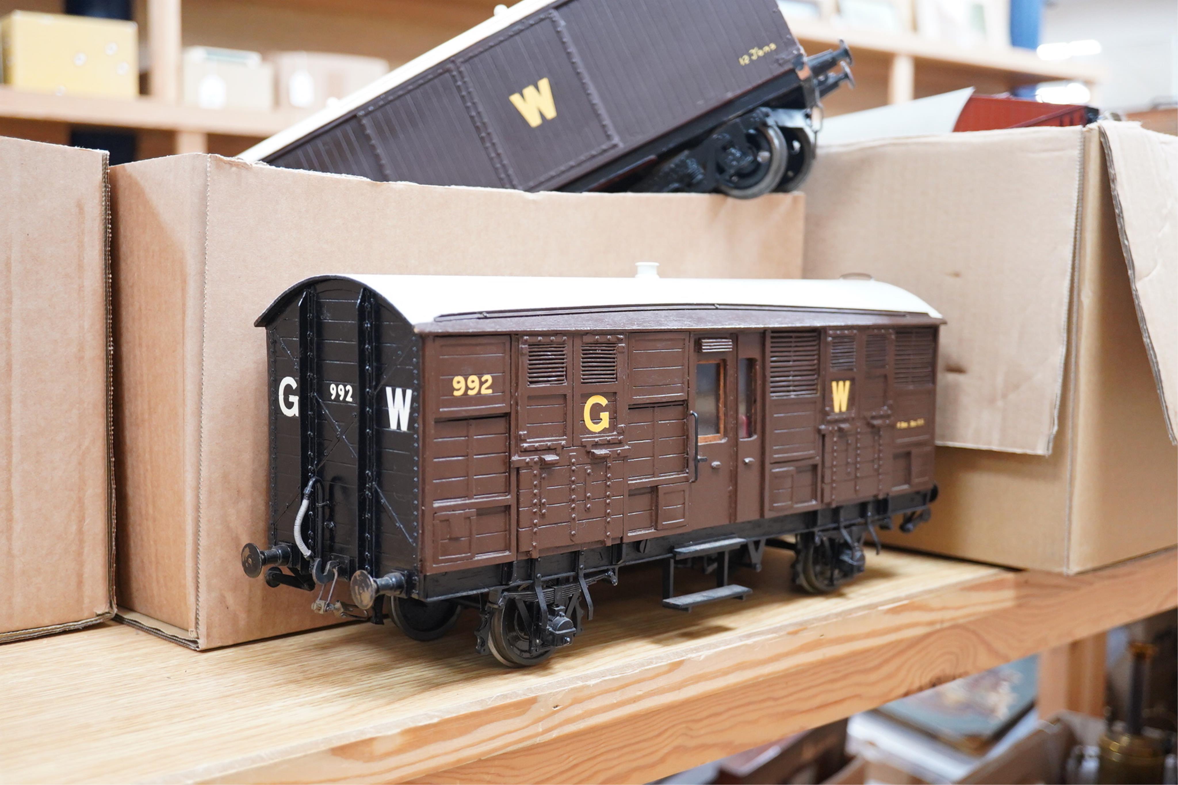 Two Gauge 3 model railway scratch-built GWR freight vans in resin, wood and steel, etc. construction, a siphon J bogie van and a 4-wheel cattle van